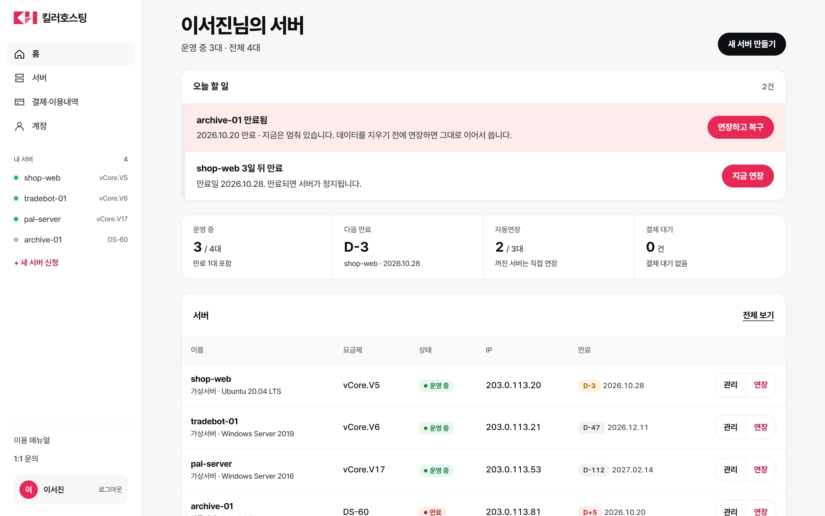 킬러호스팅 콘솔 홈 화면: 왼쪽 메뉴와 내 서버 목록, 오늘 할 일(만료 서버 연장), 운영 현황, 서버 표